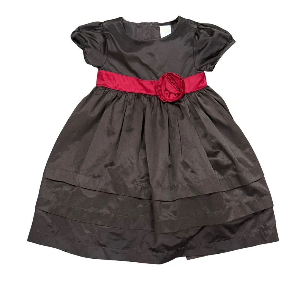 VTG Gymboree Girls Brown Taffeta Dress Red Rosette Sash Holiday Wedding Sz 3